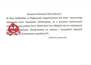 Szanowni Honorowi Krwiodawcy!