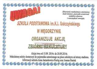 Szkoła Podstawowa w Węgorzynie organizuje akcję zbiórki makulatury.