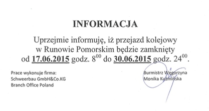 Stacja Runowo Pomorskie - zamknięcie przejazdu kolejowego
