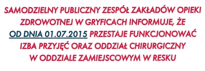 Samodzielny Publiczny Zespół Zakładów Opieki Zdrowotnej w Gryficach informuje